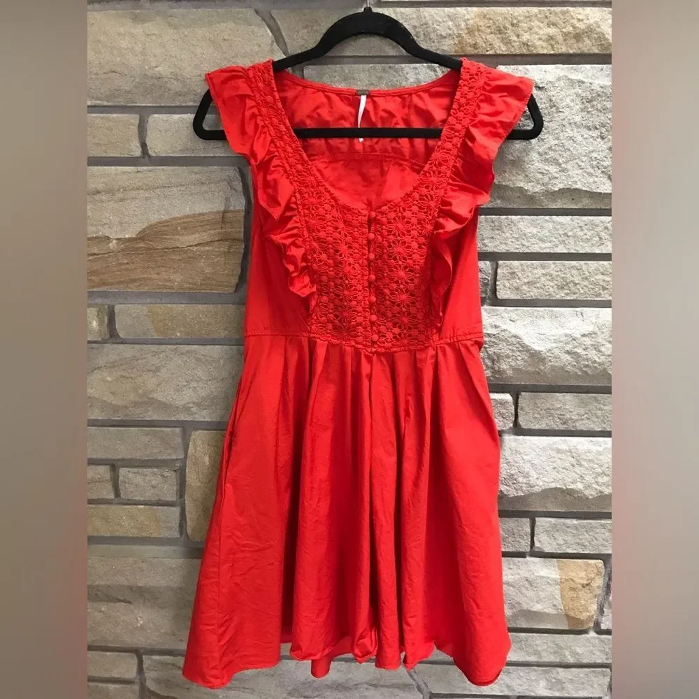 Free People Half Moon Ruffle Mini Dress Fit Flare Red Orange Small Valentines